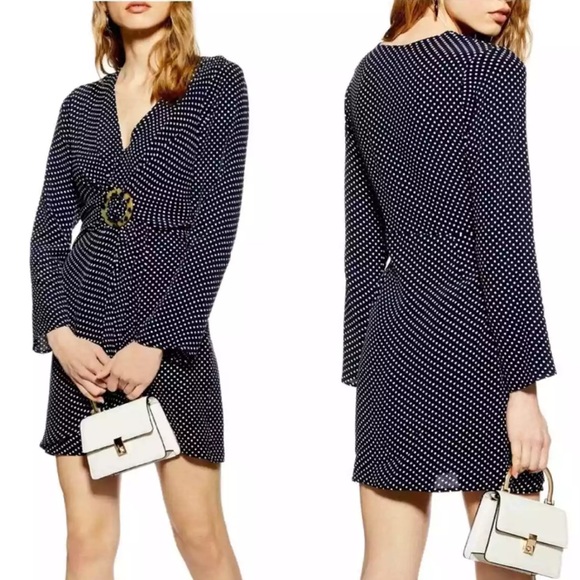Topshop | Dresses | Topshop Navy And White Polka Dot Mini Dress With ...